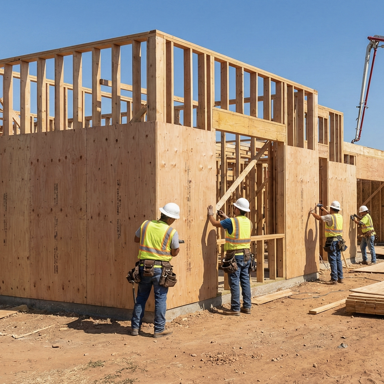 Construction team installing wood framing and plywood sheathing on the exterior walls of a new home structure.